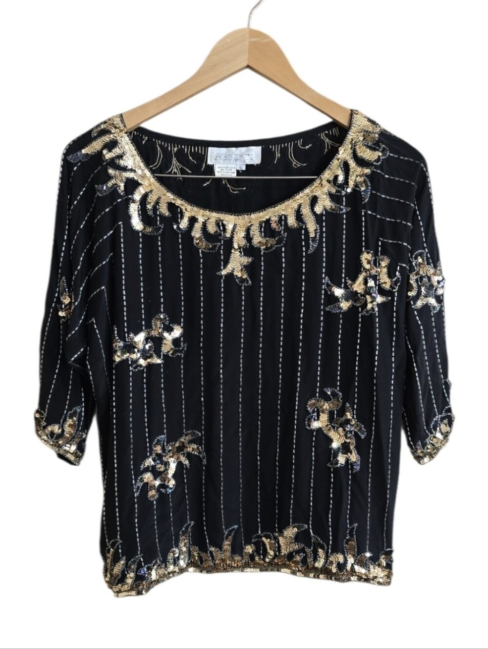 Vintage Argenti 100% Silk Sequin & Bead Embellished Dolman Blouse. Size Small
